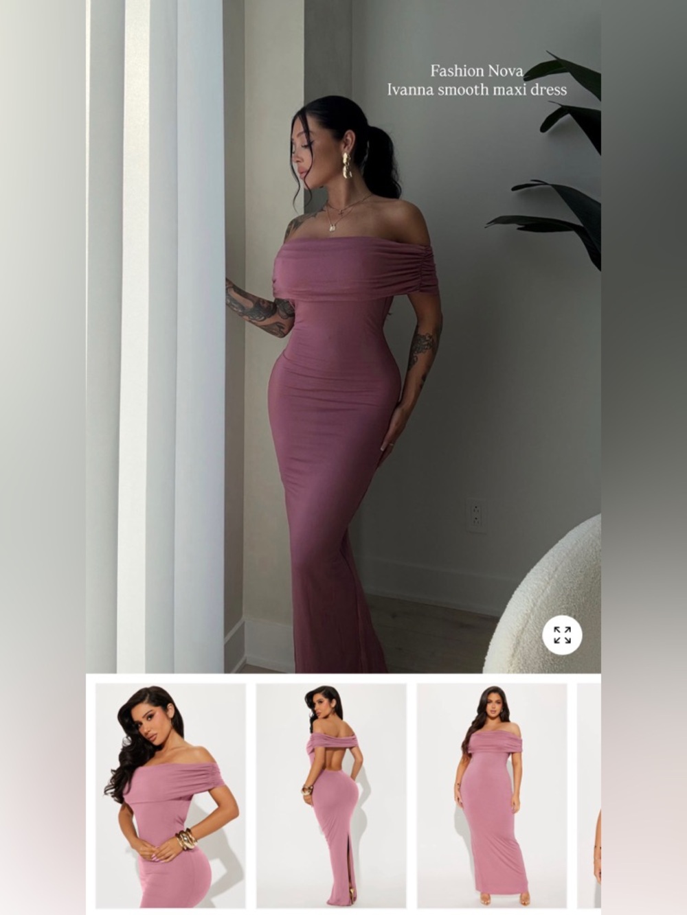 Fashion Nova Off-Shoulder Rose Mauve Bodycon Maxi Dress